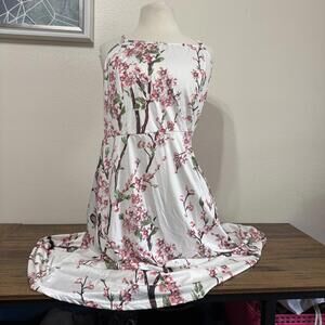 Floral White Sleeveless Summer Dress with Pink Cherry Blossom Print Medium